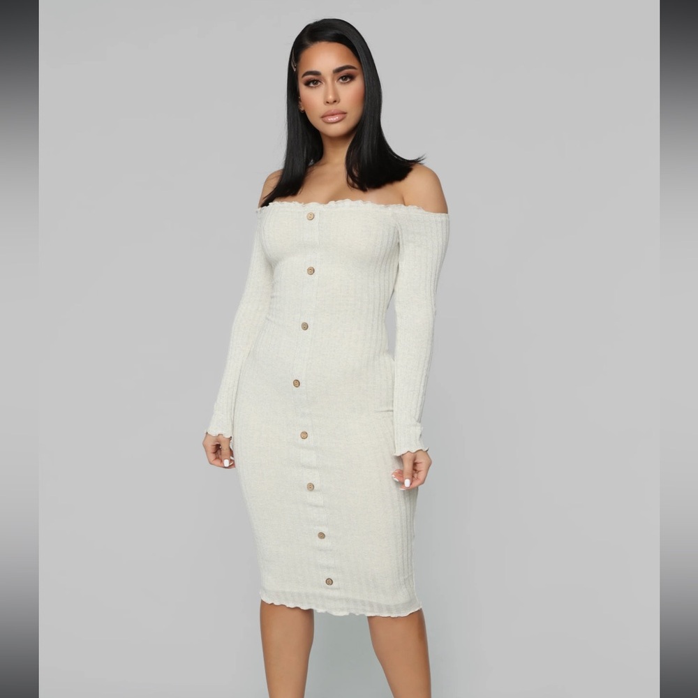 Jacklyn Off Shoulder Midi Dress - Oatmeal